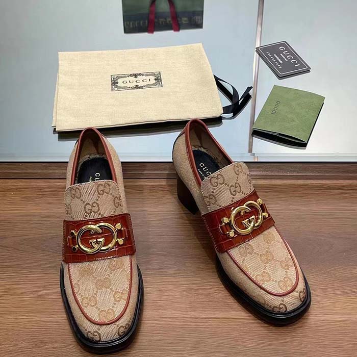 G*u*i women loafer interlocking g beige ebony original gg canvas mid 5 cm heel