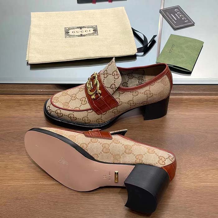 G*u*i women loafer interlocking g beige ebony original gg canvas mid 5 cm heel
