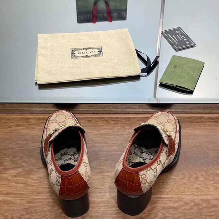 G*u*i women loafer interlocking g beige ebony original gg canvas mid 5 cm heel