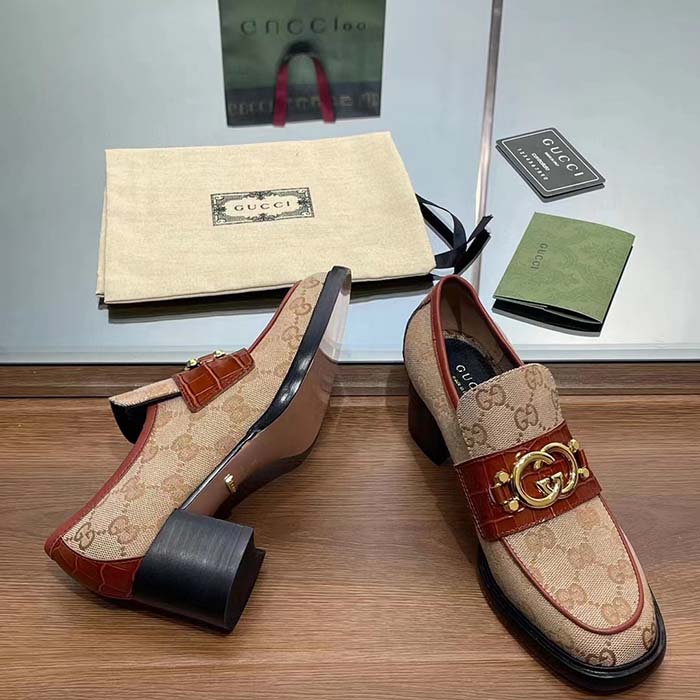 G*u*i women loafer interlocking g beige ebony original gg canvas mid 5 cm heel