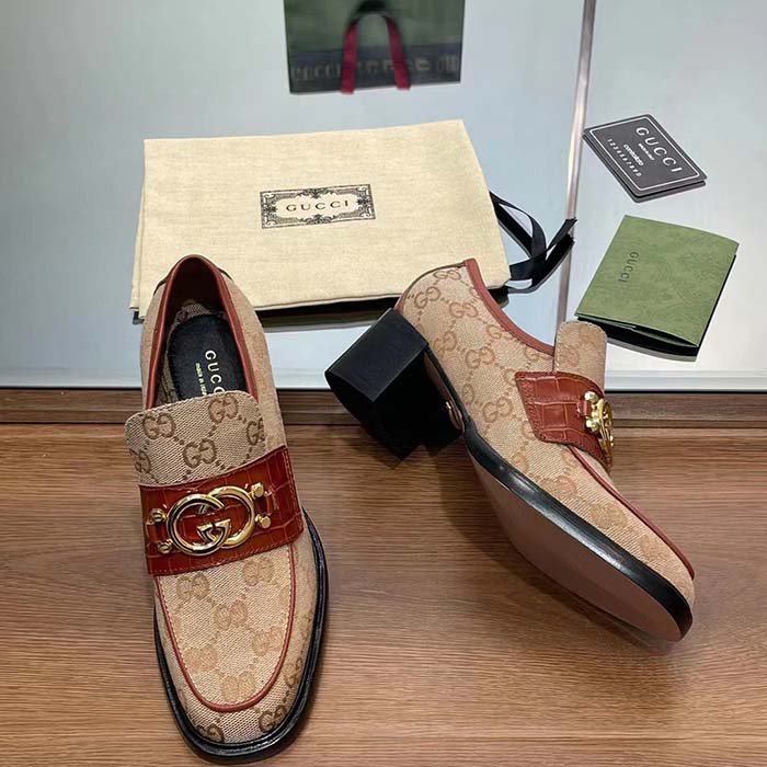 G*u*i women loafer interlocking g beige ebony original gg canvas mid 5 cm heel