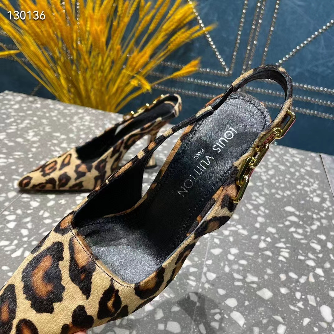Louis Vuitton LV Women Sparkle Slingback Camel Brown Printed Satin Leather 9.5 Cm Heel