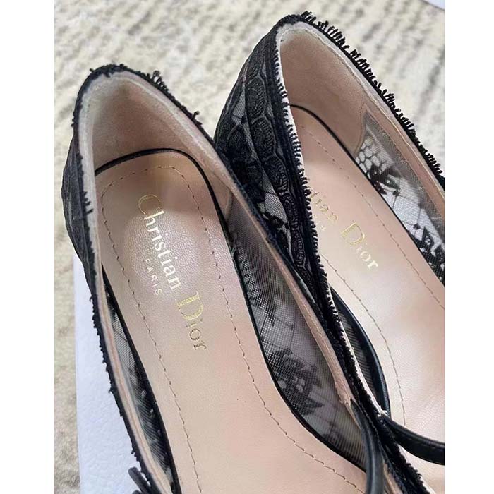 Dior CD Women D-Grace Ballet Pump Black Transparent Mesh Lambskin Roses Embroidery