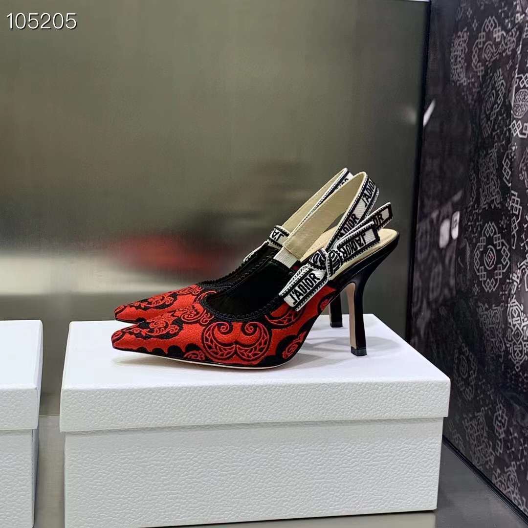 Dior CD Women J’Adior Slingback Pump Black Red Cotton Dior Bandana Embroidery