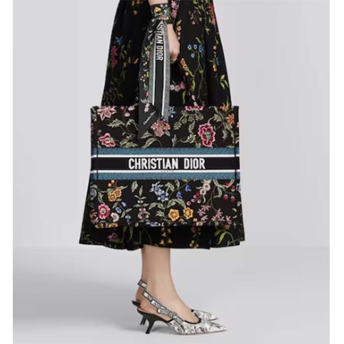 Dior Women CD Large Book Tote Black Multicolor Dior Petites Fleurs Embroidery