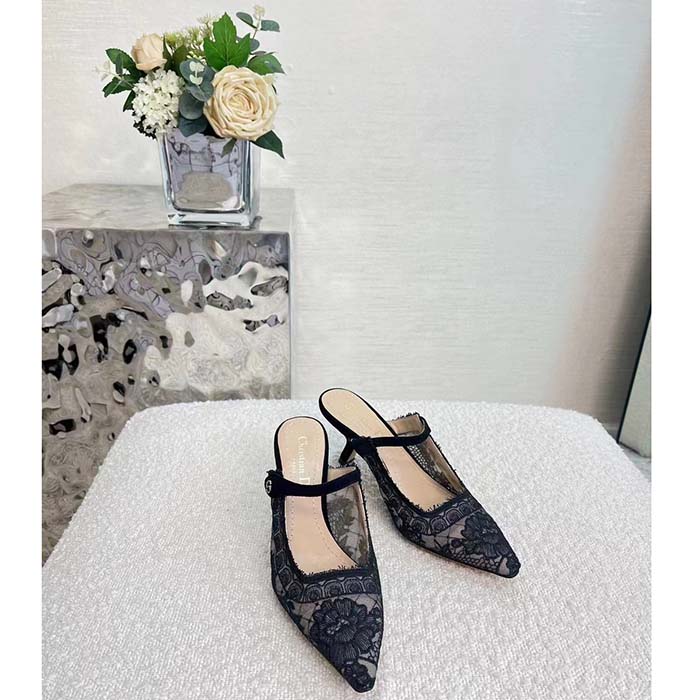 Dior Women Shoes CD Capture Heeled Mule Black Transparent Mesh Suede Embroidered Roses
