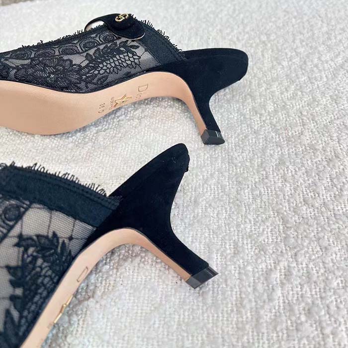 Dior Women Shoes CD Capture Heeled Mule Black Transparent Mesh Suede Embroidered Roses
