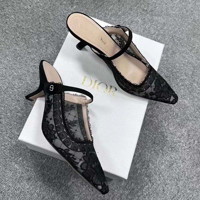 Dior Women Shoes CD Capture Heeled Mule Black Transparent Mesh Suede Embroidered Roses