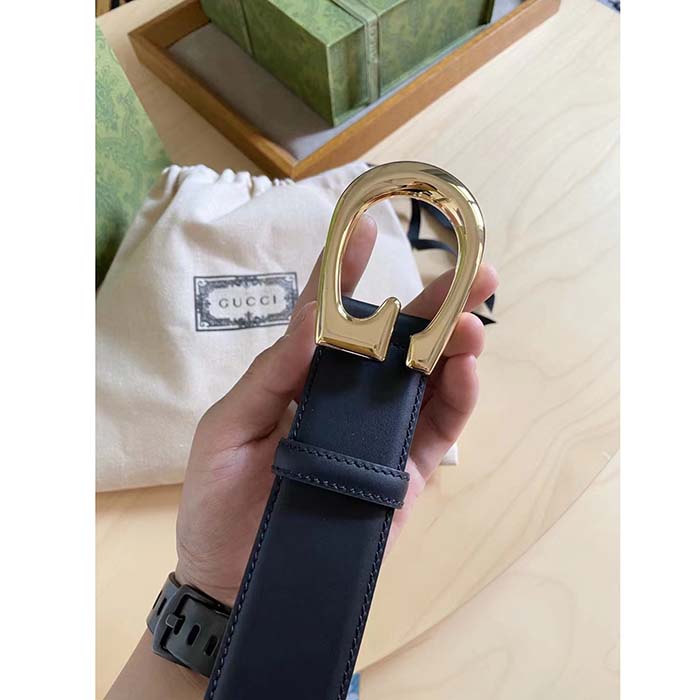G*u*i gg unisex belt with g buckle black leather 4 cm width
