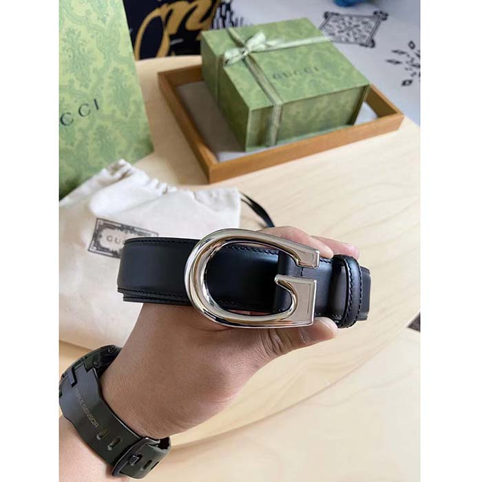 G*u*i gg unisex thin belt with g buckle black leather 3 cm width