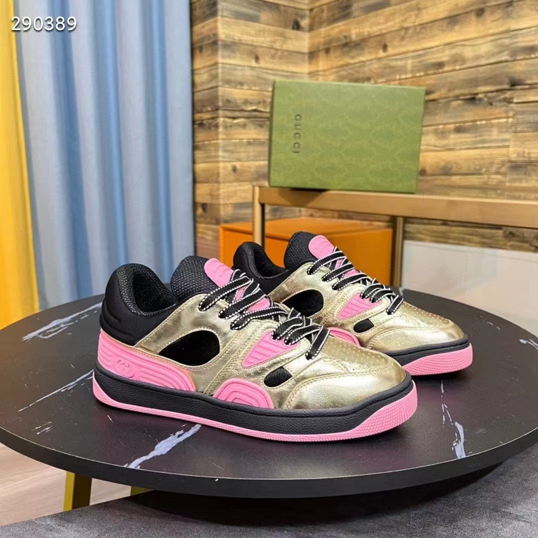 G*u*i unisex basket sneaker gold metallic leather pink rubber low 3.3 cm heel