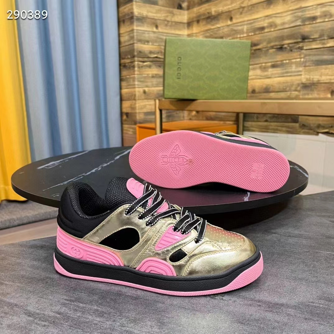 G*u*i unisex basket sneaker gold metallic leather pink rubber low 3.3 cm heel