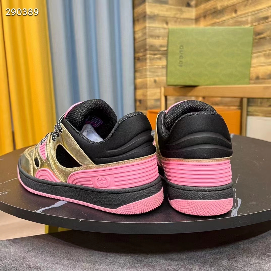 G*u*i unisex basket sneaker gold metallic leather pink rubber low 3.3 cm heel