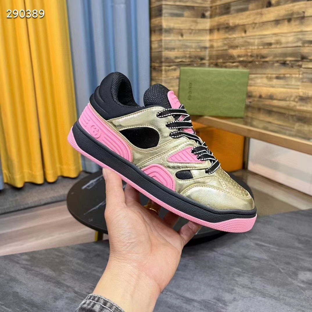 G*u*i unisex basket sneaker gold metallic leather pink rubber low 3.3 cm heel
