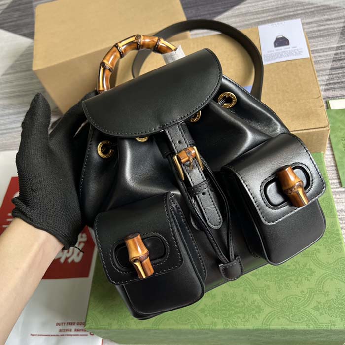 G*u*i unisex gg bamboo small backpack black leather bamboo handle