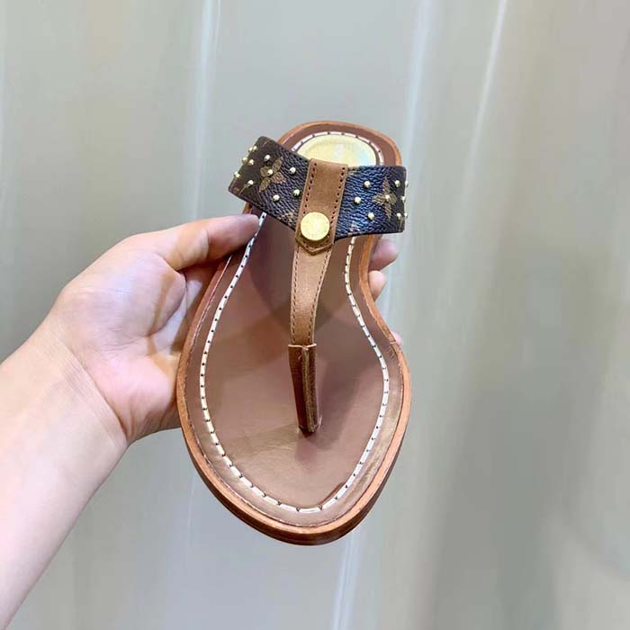 Louis Vuitton LV Sunny Flat Thong Gold Perforated Monogram Canvas Leather Outsole