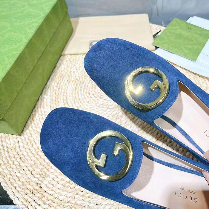 G*u*i women gg blonde ballet flat deep blue suede round interlocking g leather flat