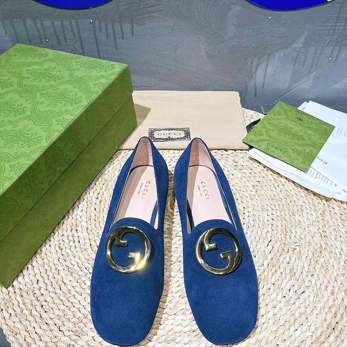 G*u*i women gg blonde ballet flat deep blue suede round interlocking g leather flat