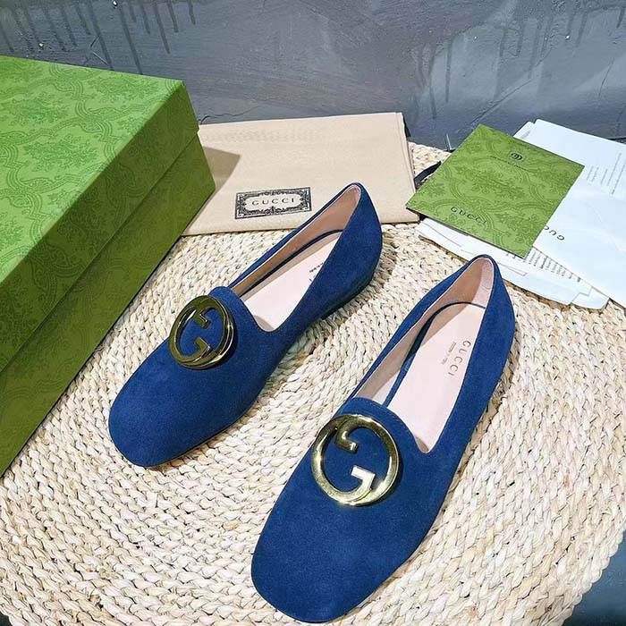 G*u*i women gg blonde ballet flat deep blue suede round interlocking g leather flat