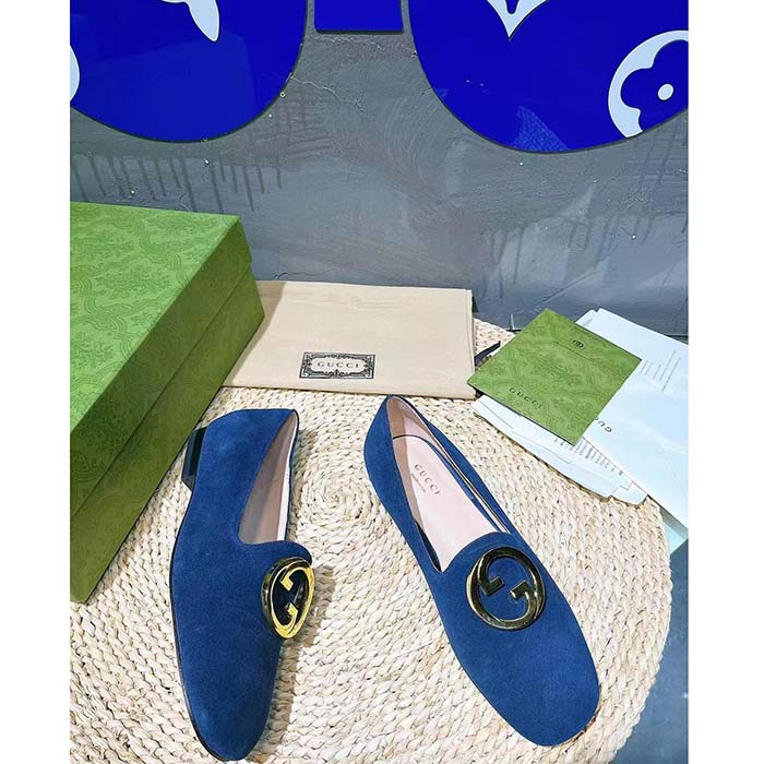 G*u*i women gg blonde ballet flat deep blue suede round interlocking g leather flat