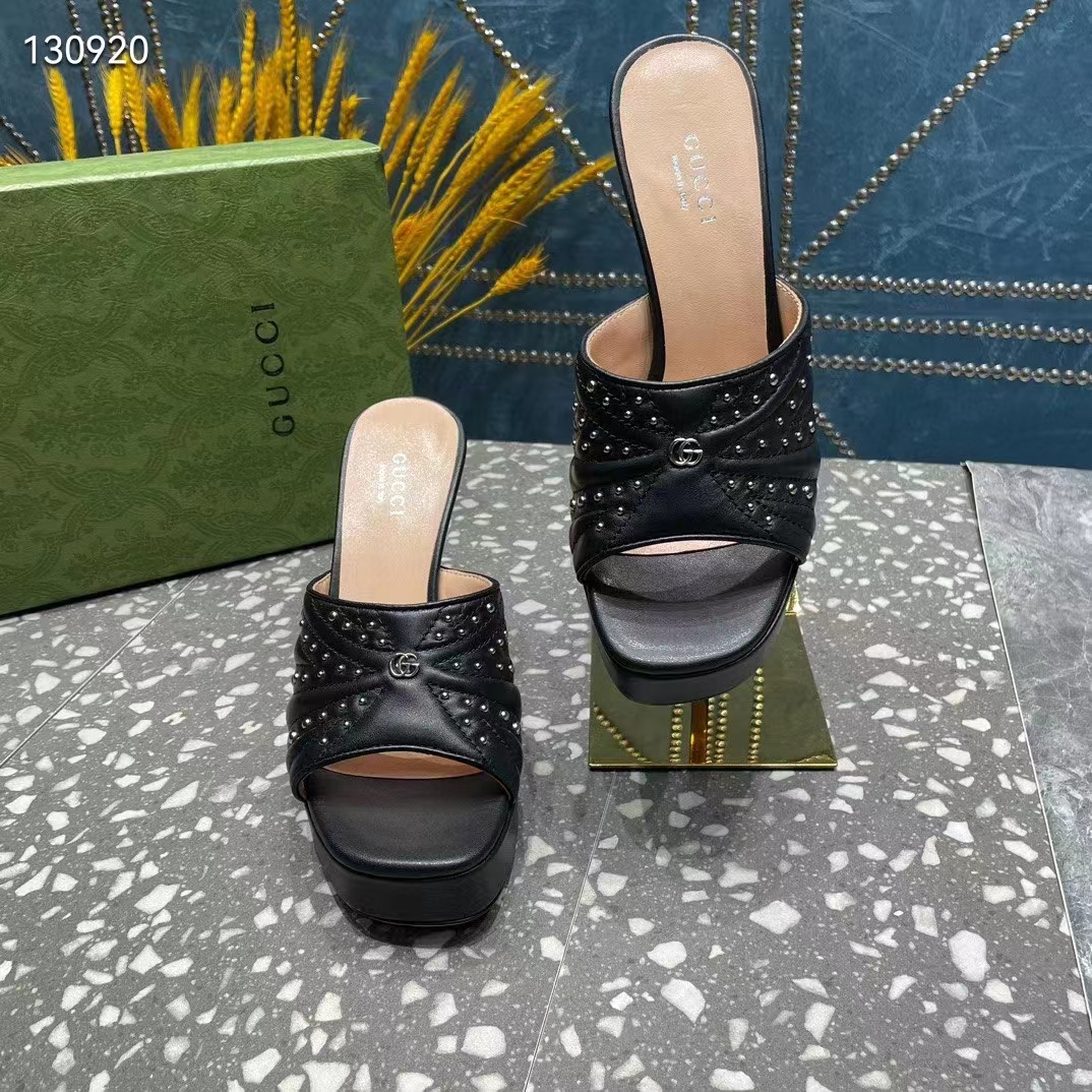 G*u*i women gg heeled slide sandals black leather studs spool high 15 cm heel