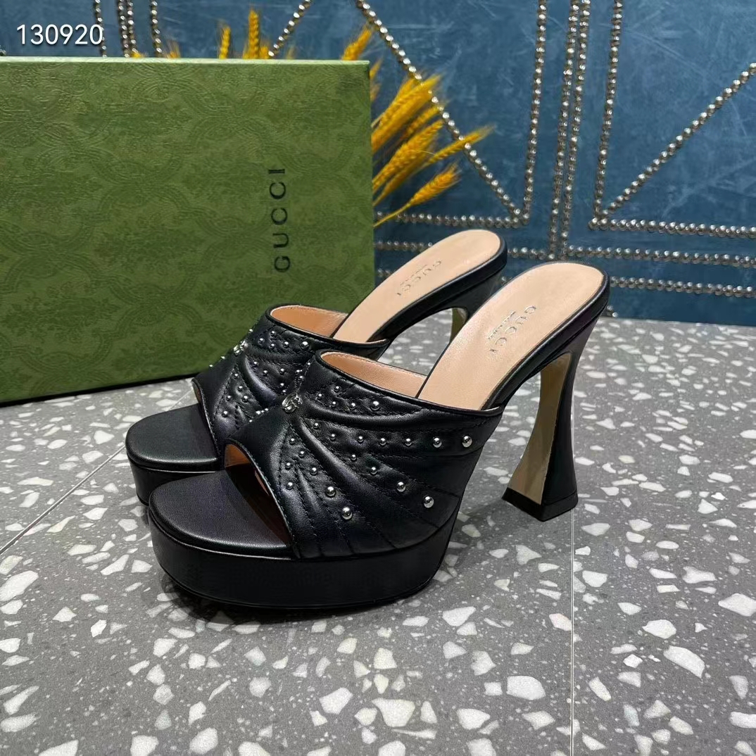 G*u*i women gg heeled slide sandals black leather studs spool high 15 cm heel