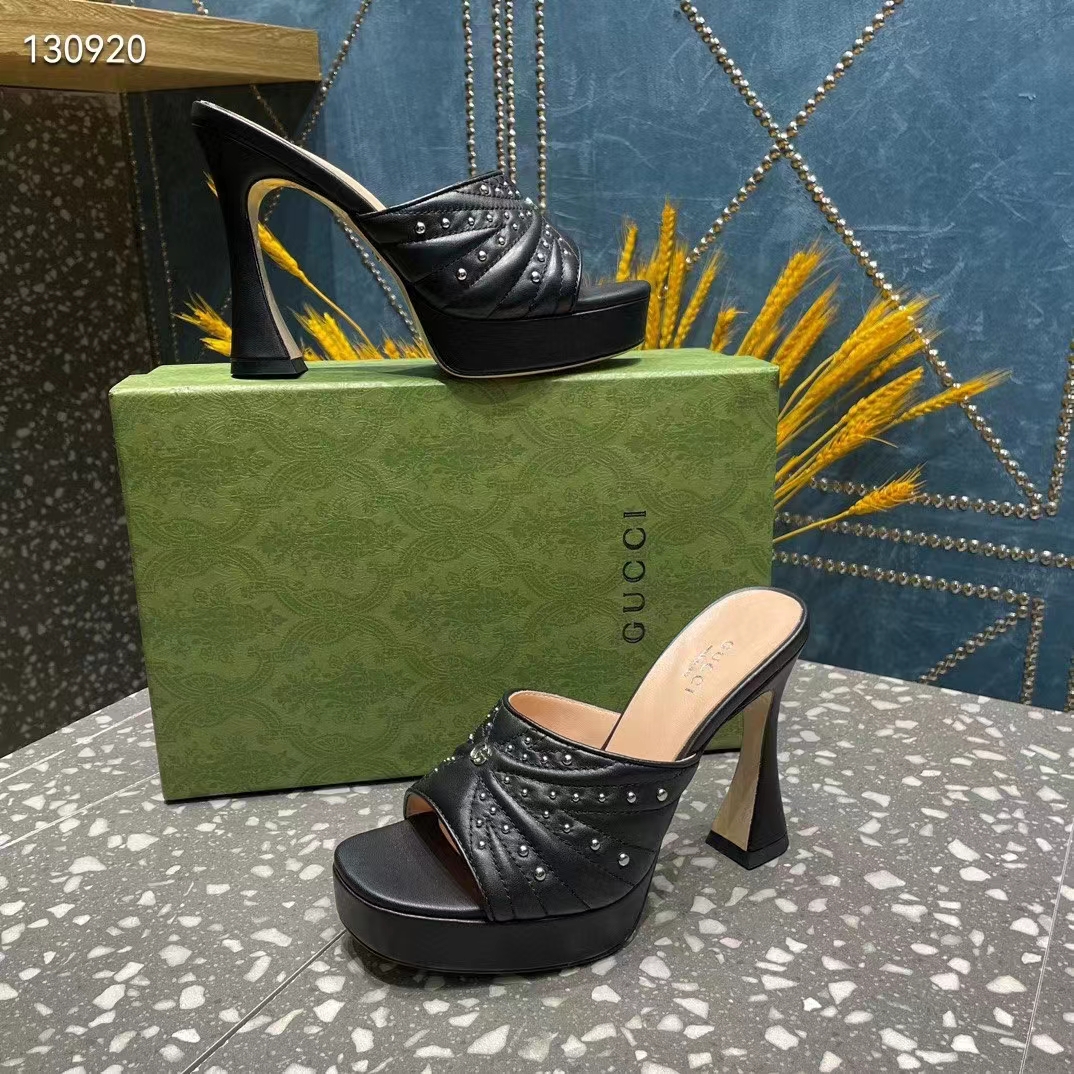 G*u*i women gg heeled slide sandals black leather studs spool high 15 cm heel