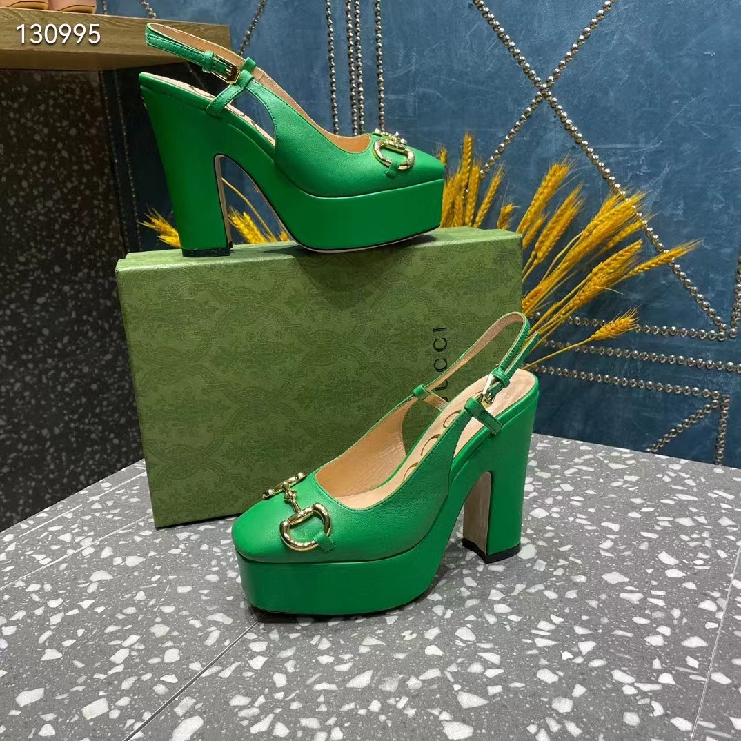 G*u*i women gg high heel pump horsebit green leather sole 12 cm heel