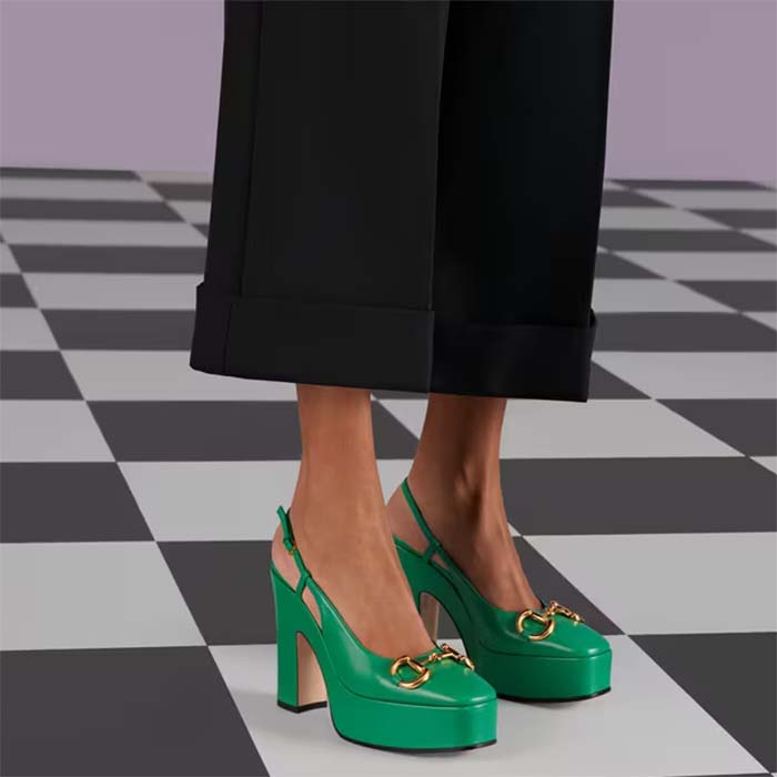 G*u*i women gg high heel pump horsebit green leather sole 12 cm heel