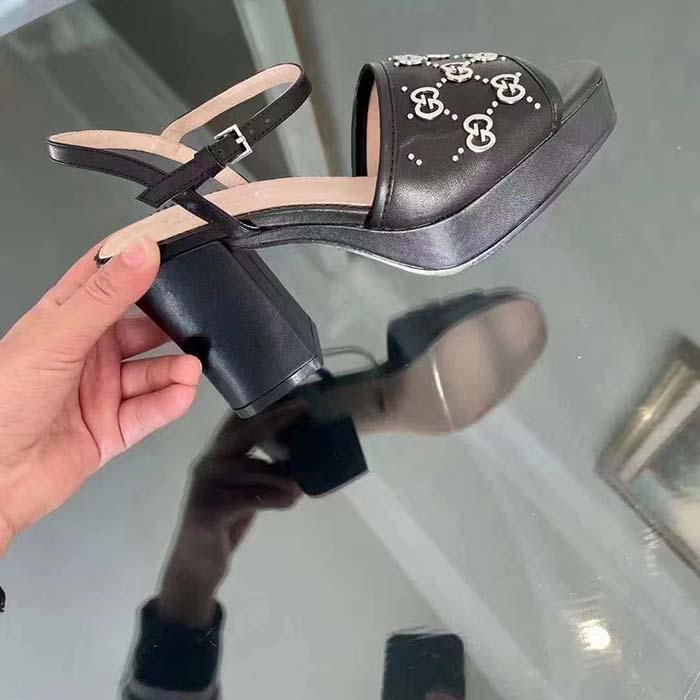 G*u*i women gg interlocking g studs sandal black leather mid 8 cm heel