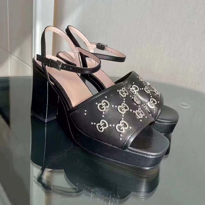 G*u*i women gg interlocking g studs sandal black leather mid 8 cm heel
