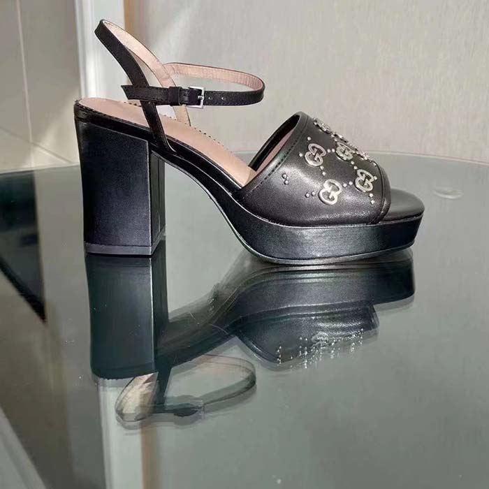 G*u*i women gg interlocking g studs sandal black leather mid 8 cm heel