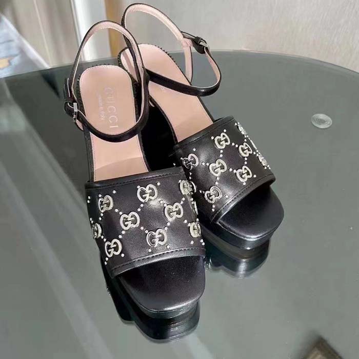 G*u*i women gg interlocking g studs sandal black leather mid 8 cm heel