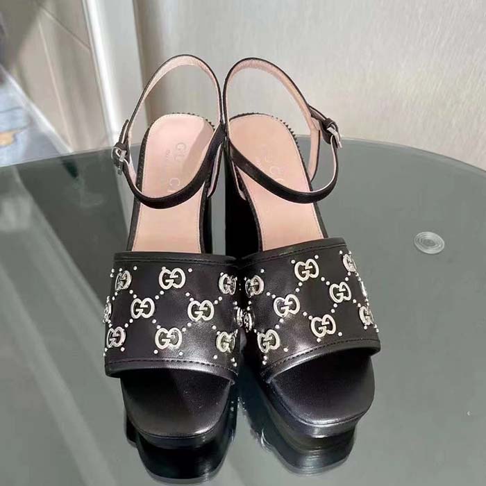 G*u*i women gg interlocking g studs sandal black leather mid 8 cm heel