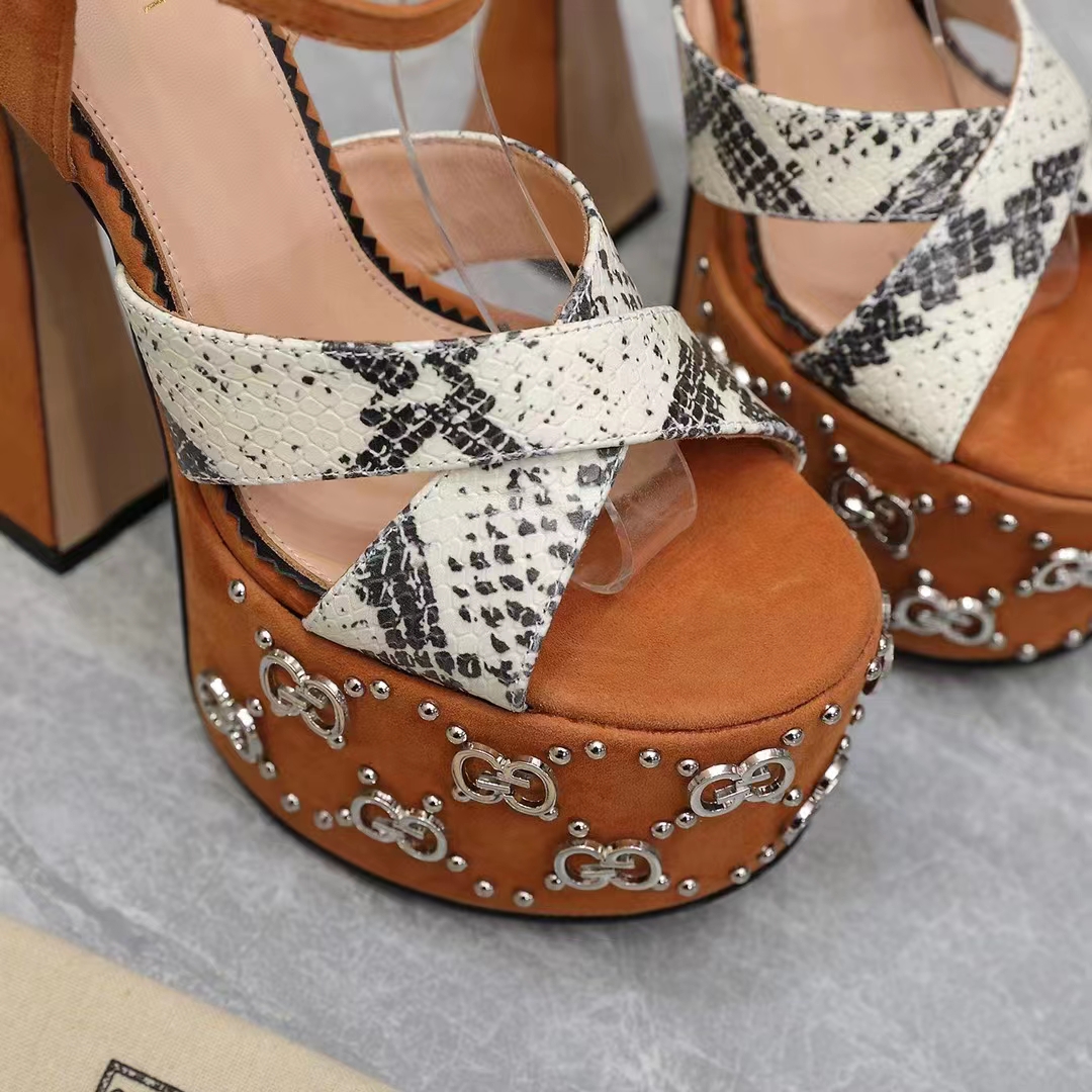G*u*i women gg interlocking g studs sandal python print leather camel suede 15 cm heel