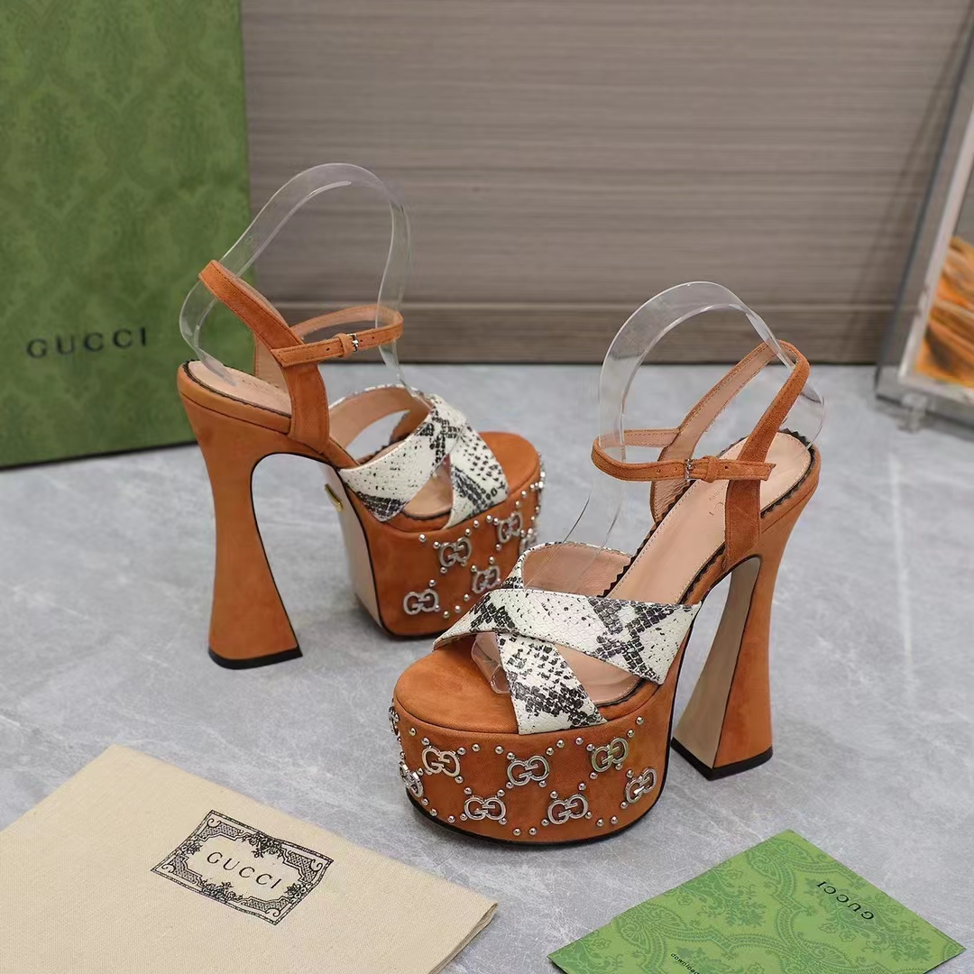 G*u*i women gg interlocking g studs sandal python print leather camel suede 15 cm heel
