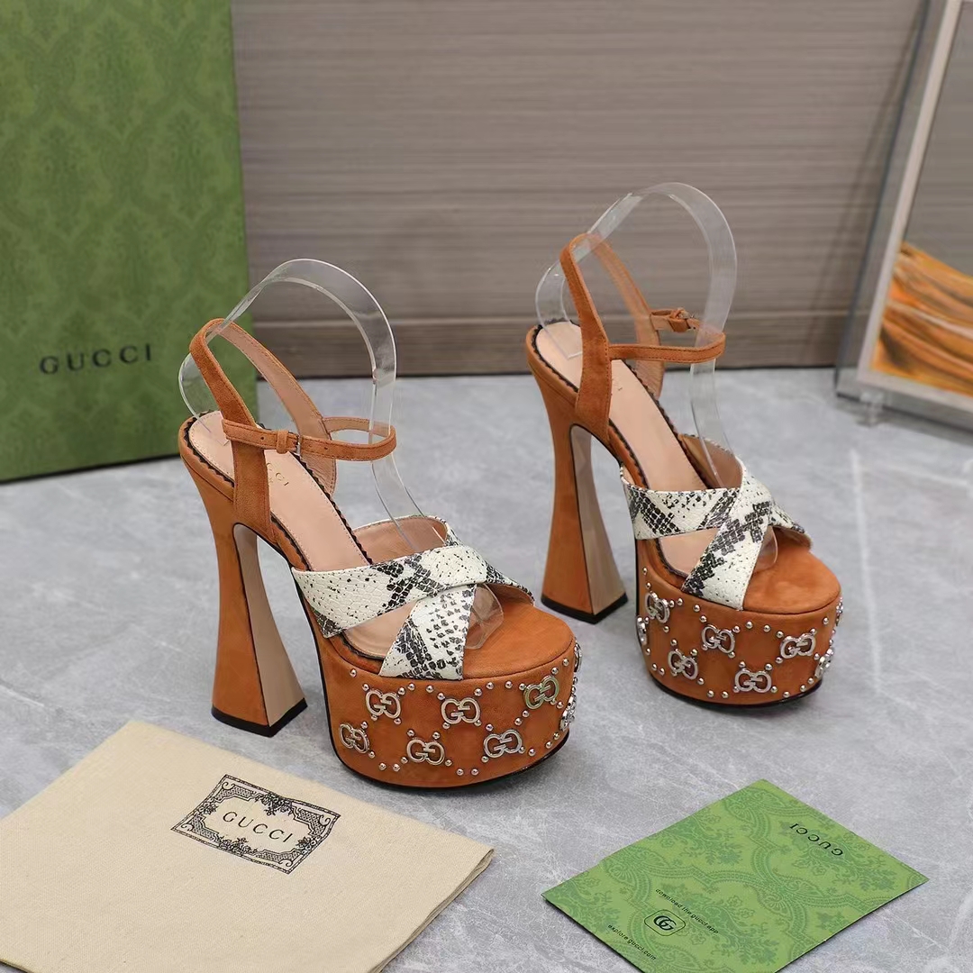 G*u*i women gg interlocking g studs sandal python print leather camel suede 15 cm heel