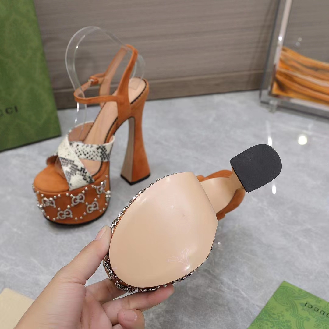 G*u*i women gg interlocking g studs sandal python print leather camel suede 15 cm heel