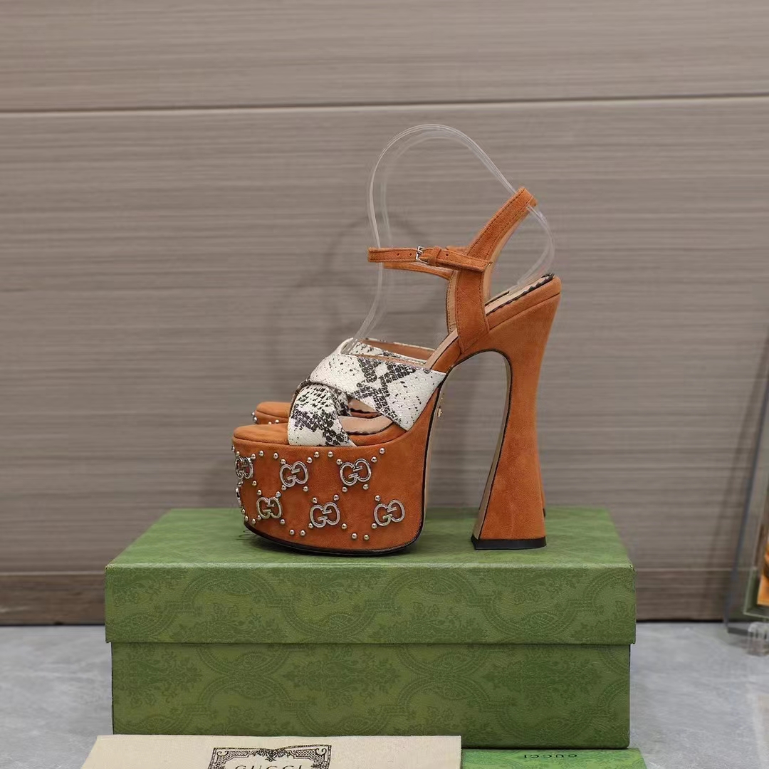 G*u*i women gg interlocking g studs sandal python print leather camel suede 15 cm heel