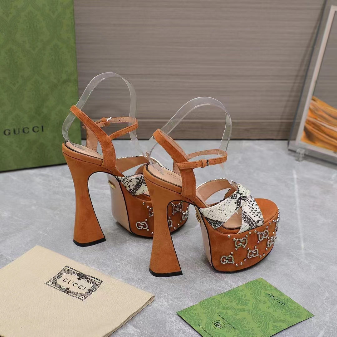 G*u*i women gg interlocking g studs sandal python print leather camel suede 15 cm heel
