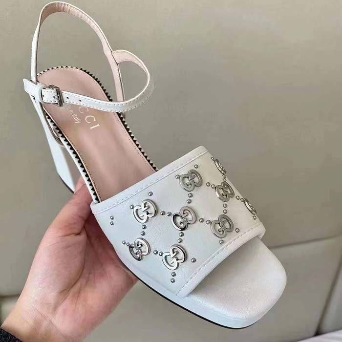 G*u*i women gg interlocking g studs sandal white leather mid 8 cm heel