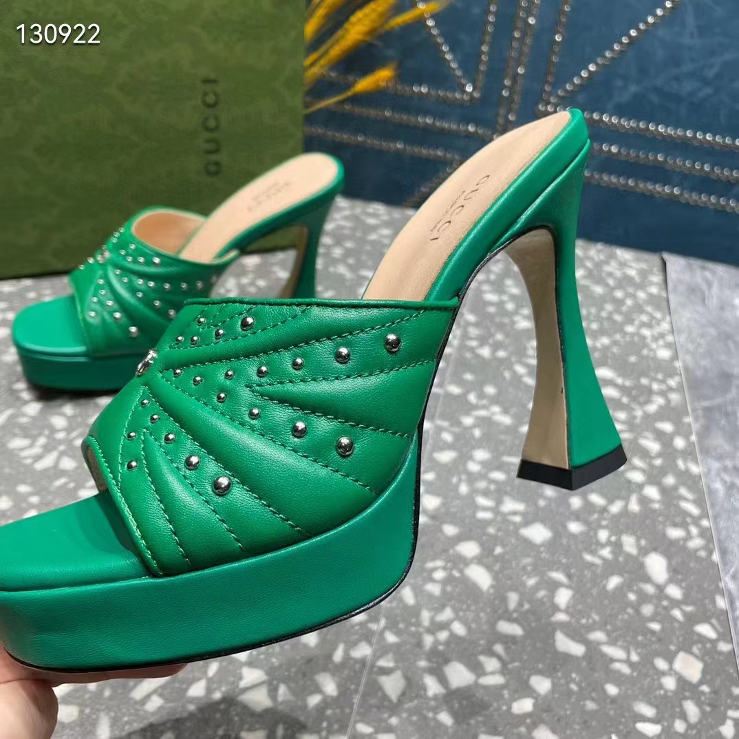 G*u*i women heeled slide sandals green leather studs spool high 15 cm heel