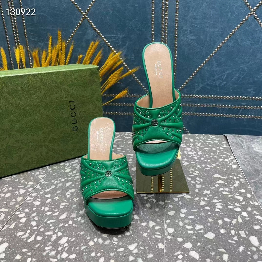 G*u*i women heeled slide sandals green leather studs spool high 15 cm heel