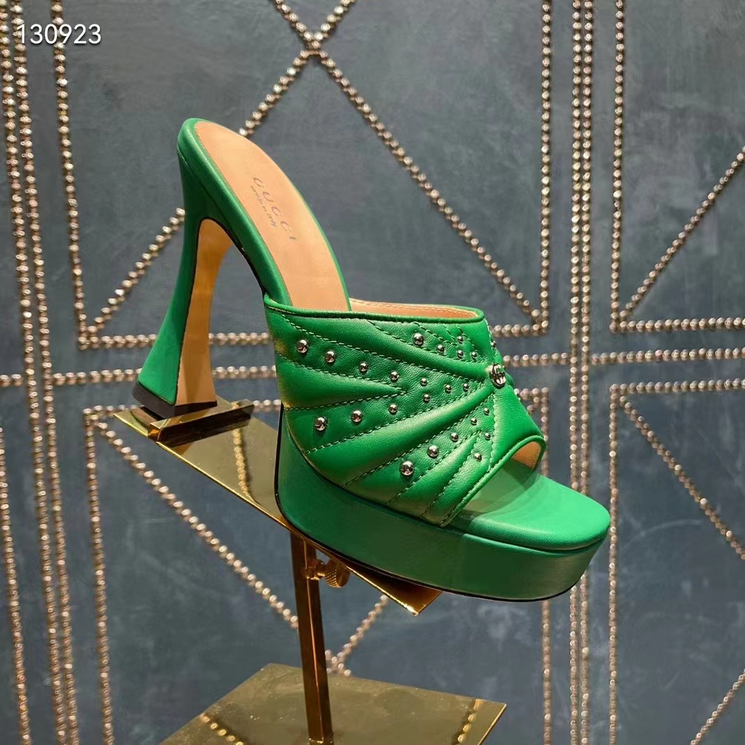 G*u*i women heeled slide sandals green leather studs spool high 15 cm heel