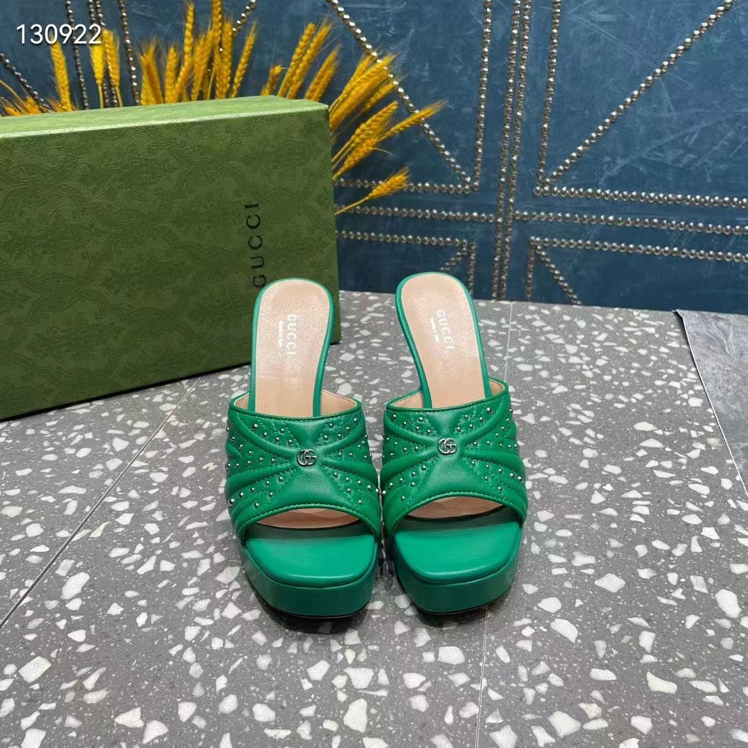 G*u*i women heeled slide sandals green leather studs spool high 15 cm heel