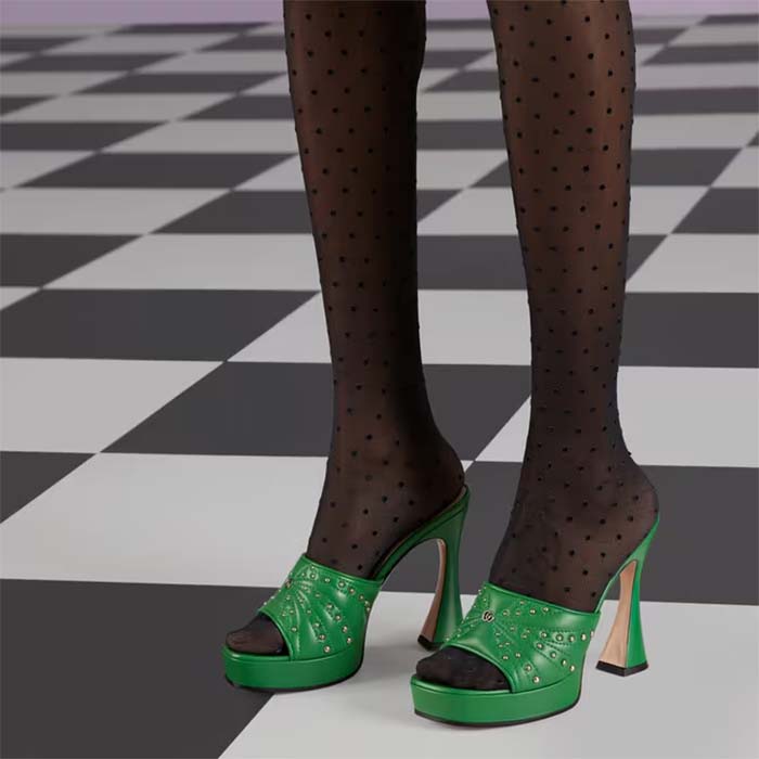 G*u*i women heeled slide sandals green leather studs spool high 15 cm heel