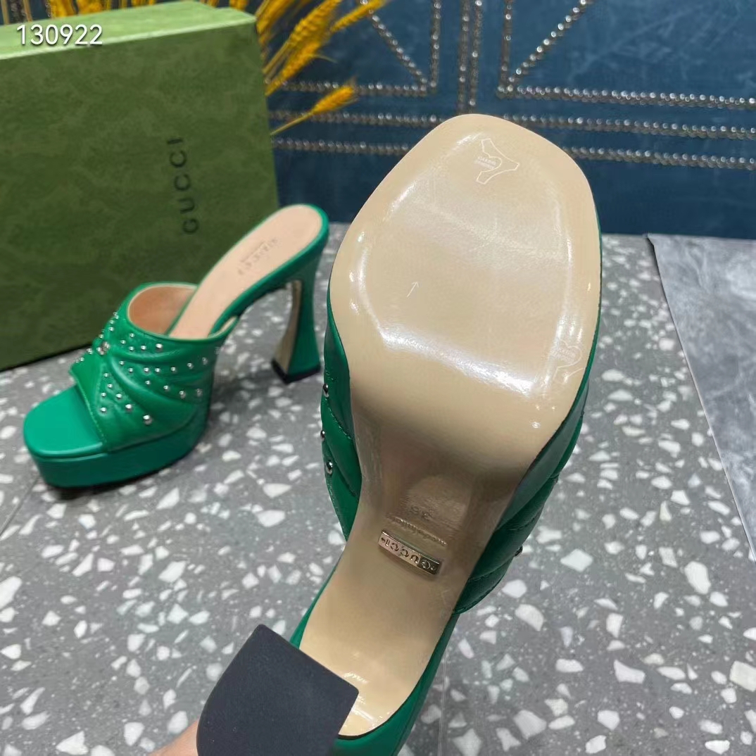 G*u*i women heeled slide sandals green leather studs spool high 15 cm heel