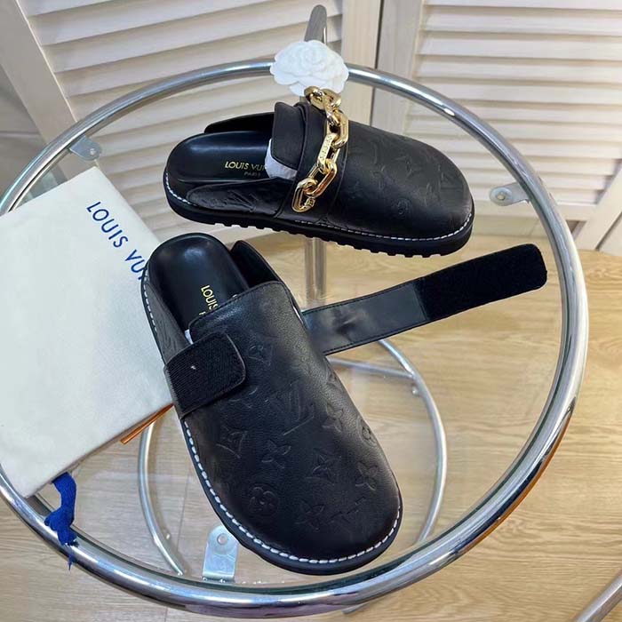 Louis Vuitton LV Unisex Cosy Flat Comfort Clog Black Monogram-Embossed Calf Leather