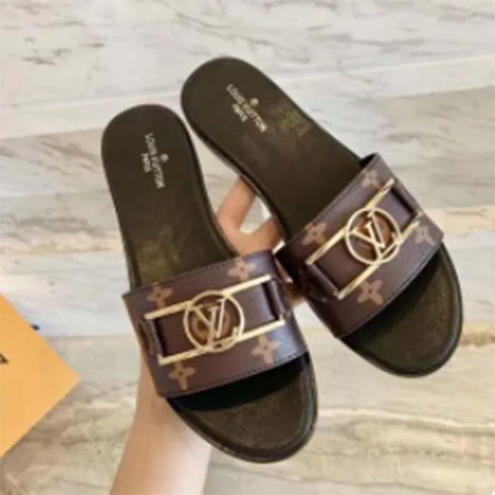 Louis Vuitton LV Women Lock It Flat Mule Brown Patent Monogram Canvas Leather