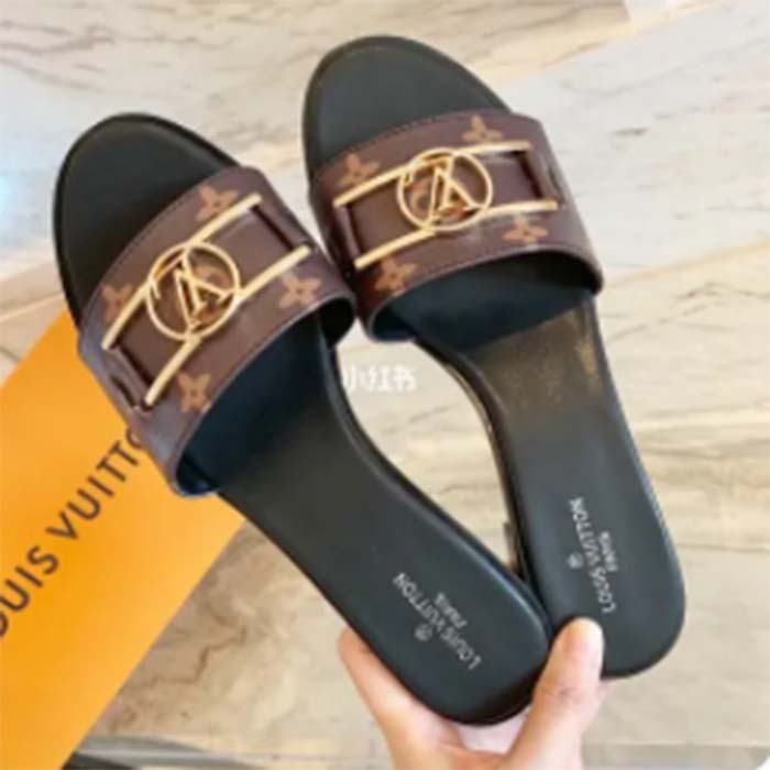 Louis Vuitton LV Women Lock It Flat Mule Brown Patent Monogram Canvas Leather